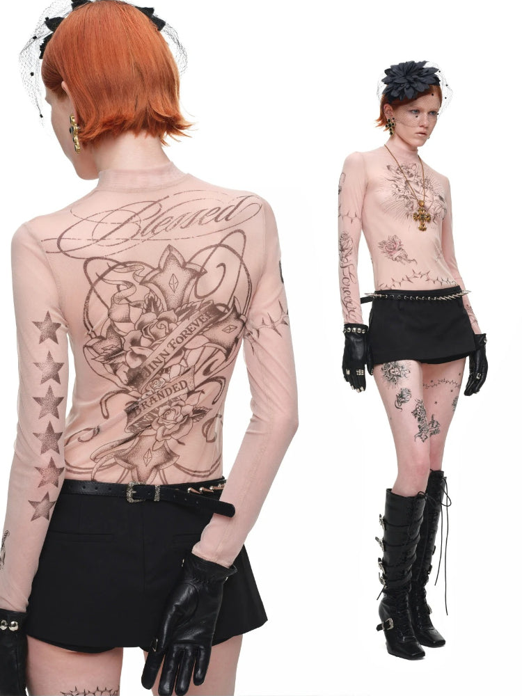 Tattoo Mesh Long Sleeve Top