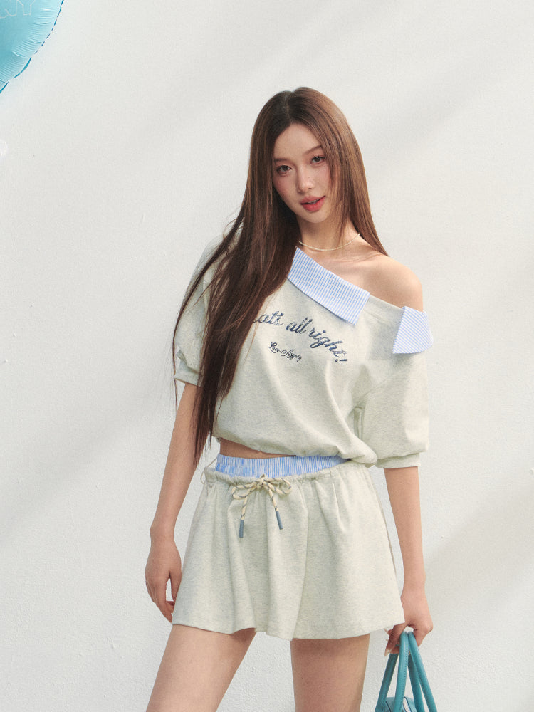 Grey Asymmetric Shoulder Striped Patchwork Short-Sleeve & Skirt Set