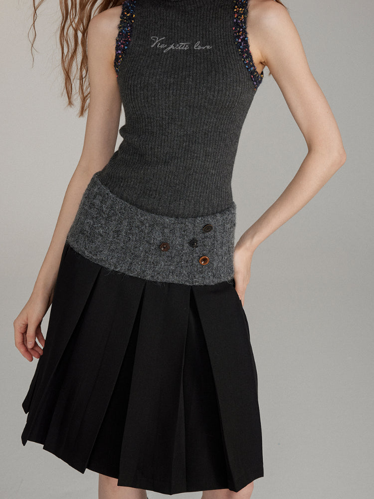 Patchwork Button Wool Pleated Skirt