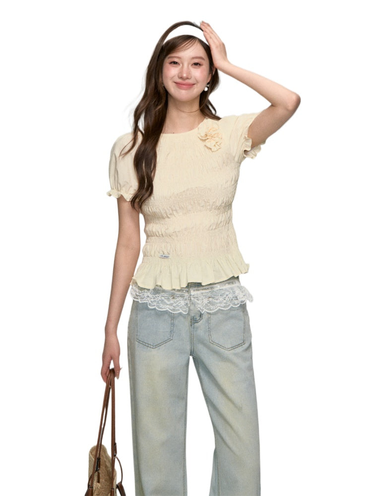Three-Dimensional Flower Pleated Short-Sleeve Blouse