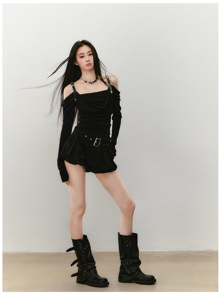 Draped Neck Leather Strap Acetate One-shoulder T-shirt