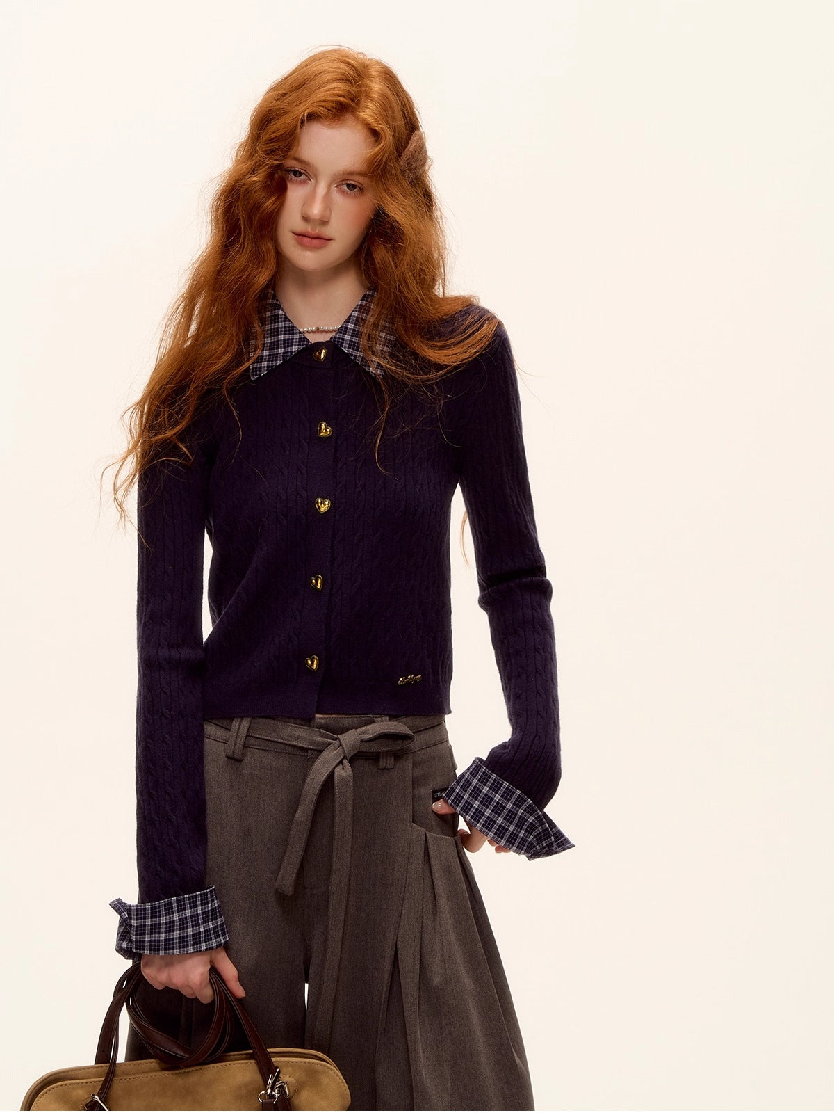 Plaid-Collar Cable Knit Top