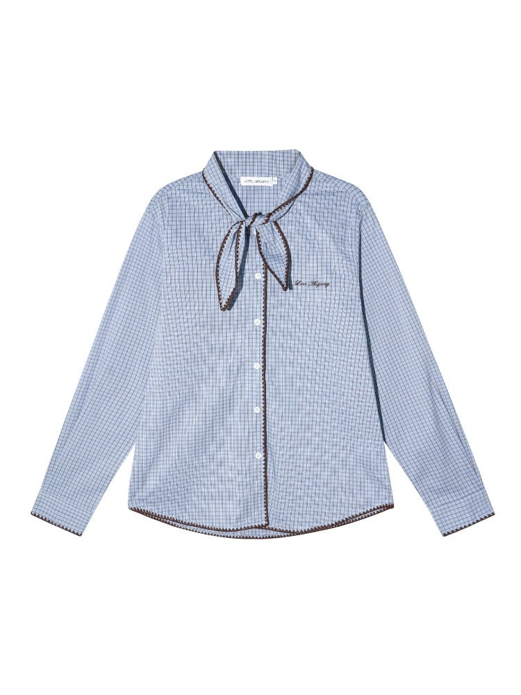 Vintage Contrast Plaid Embroidered Tie-Neck Shirt