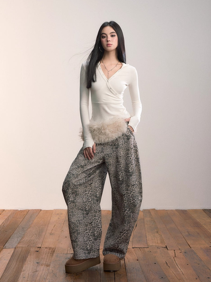 Leopard Print Scythe Wide-Leg Casual Jeans