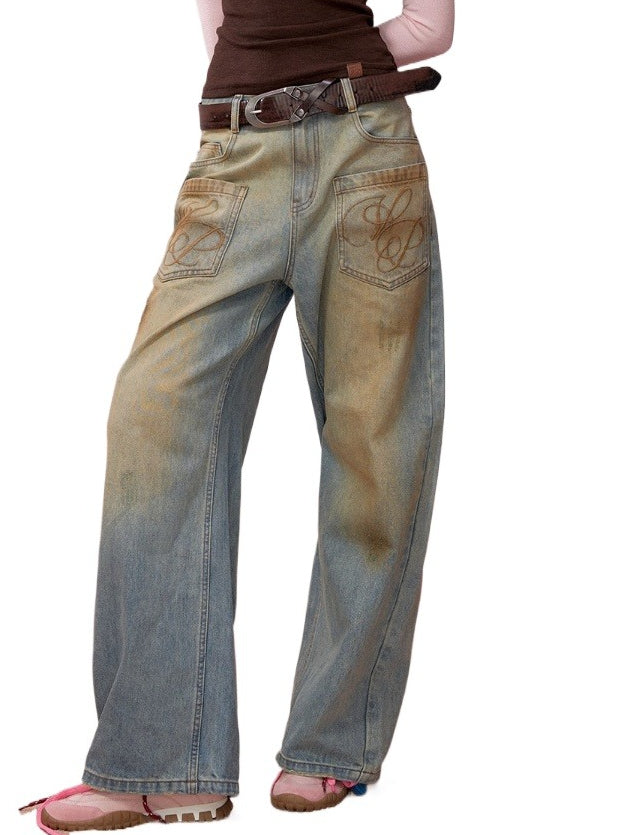 Washed Distressed Embroidered Denim Jeans