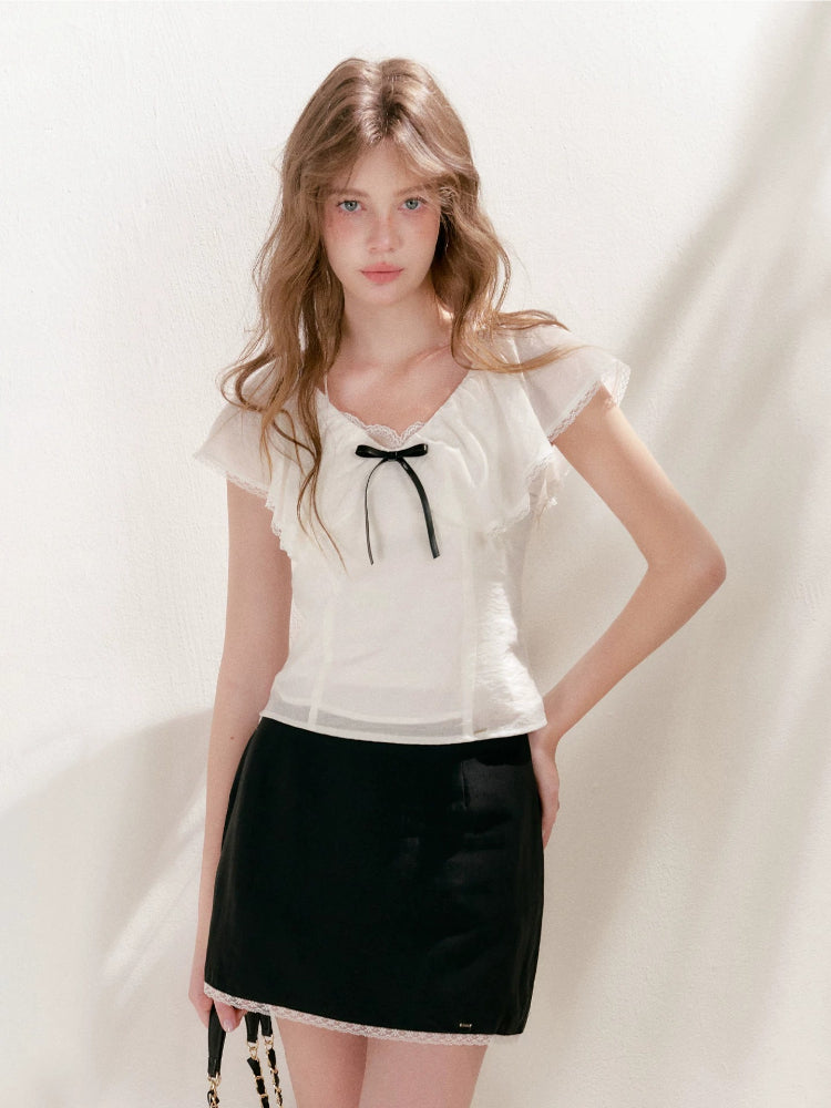 Contrast Bow V-Neck Ruffled Top