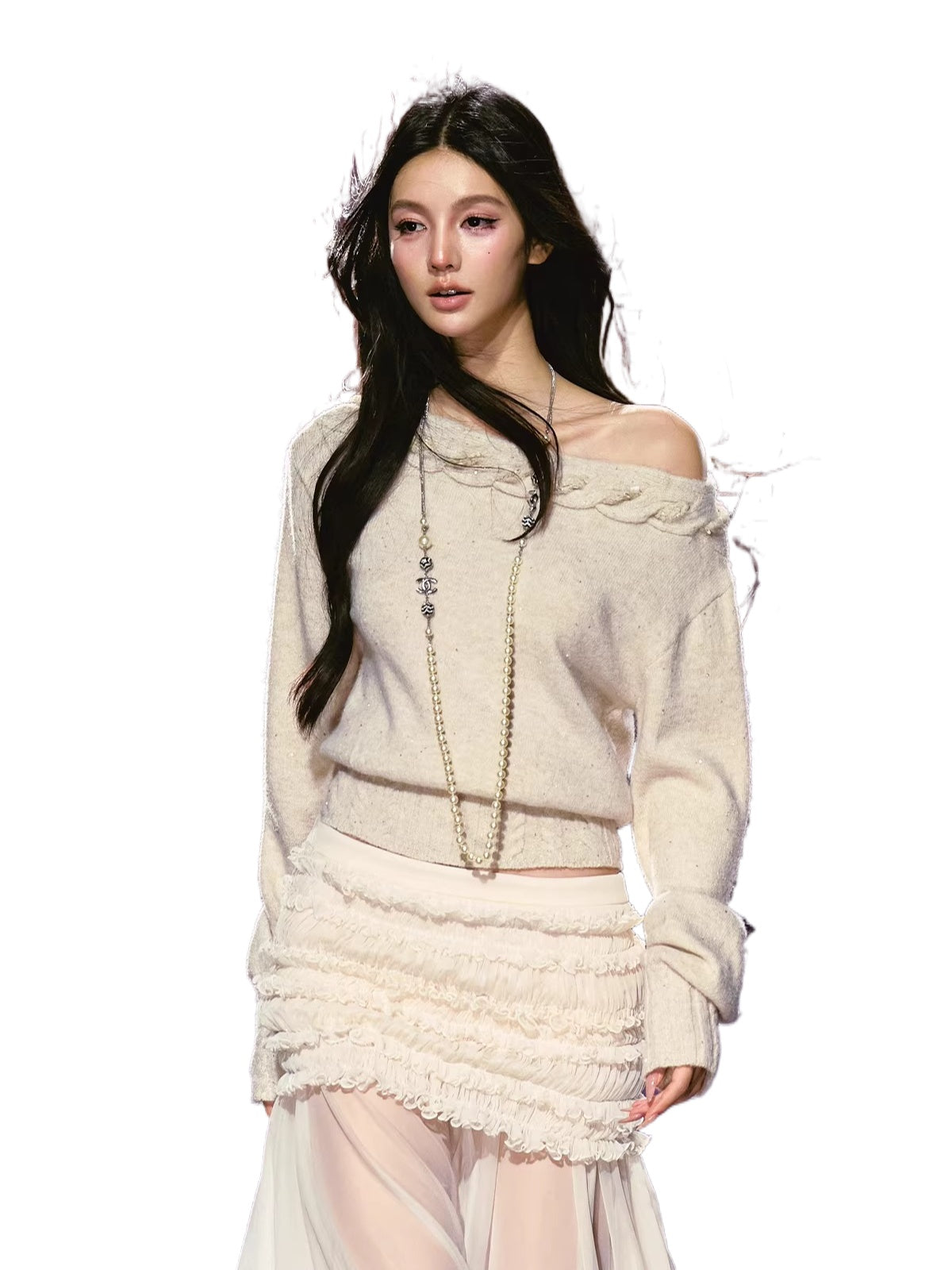 Apricot & Purple Cable Knit Off Shoulder Sweater