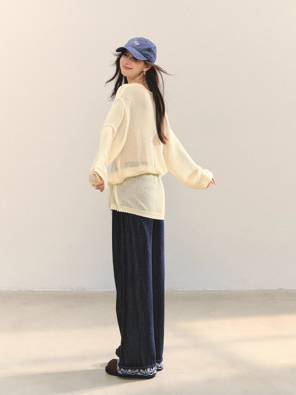 Navy Blue Boho Embroidered Belted Jeans