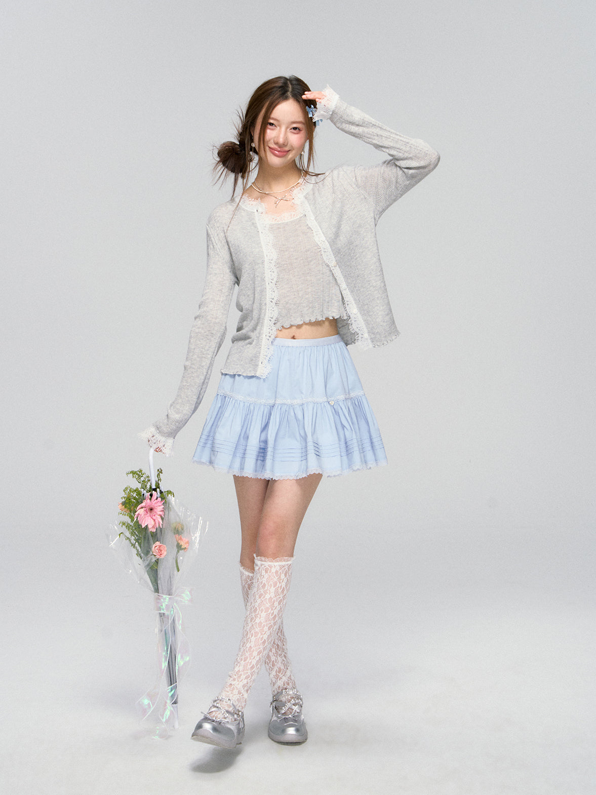 Blue Lace Trim Layered Skirt