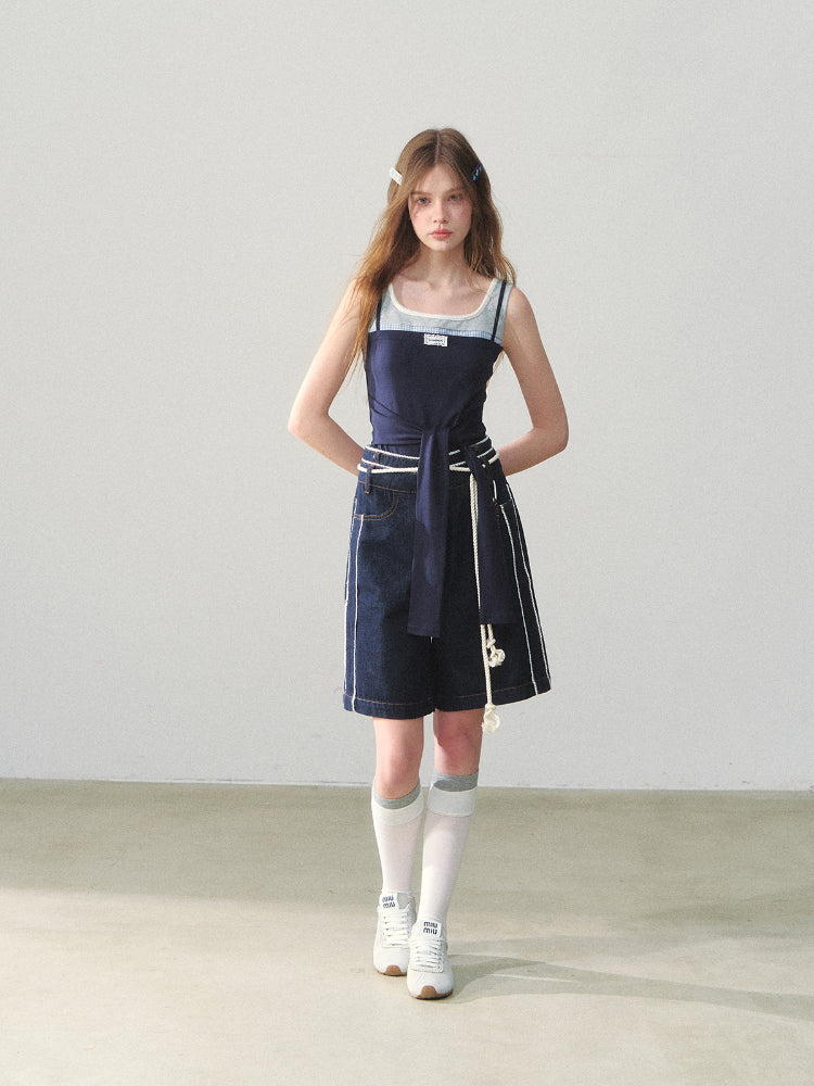 Lace-adorned Polka-dot Denim Capri Pants