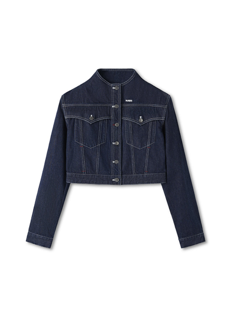 Denim Stand-Collar Regular-Shoulder Short Jacket