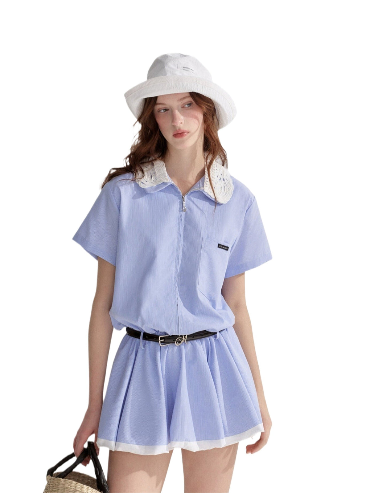 Lace Collar Stripe Bubble Dress