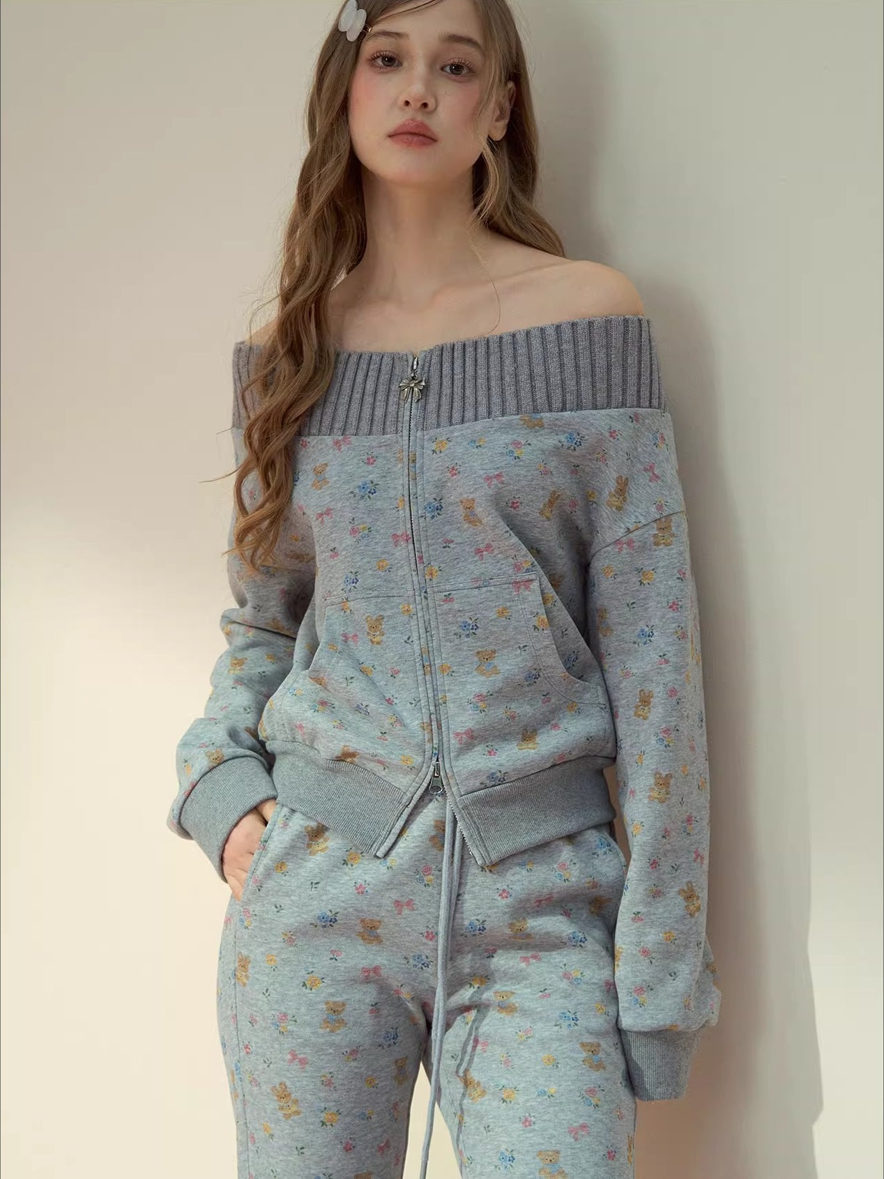 Floral Bear Bunny Off-Shoulder Sweatshirt & Pants Set