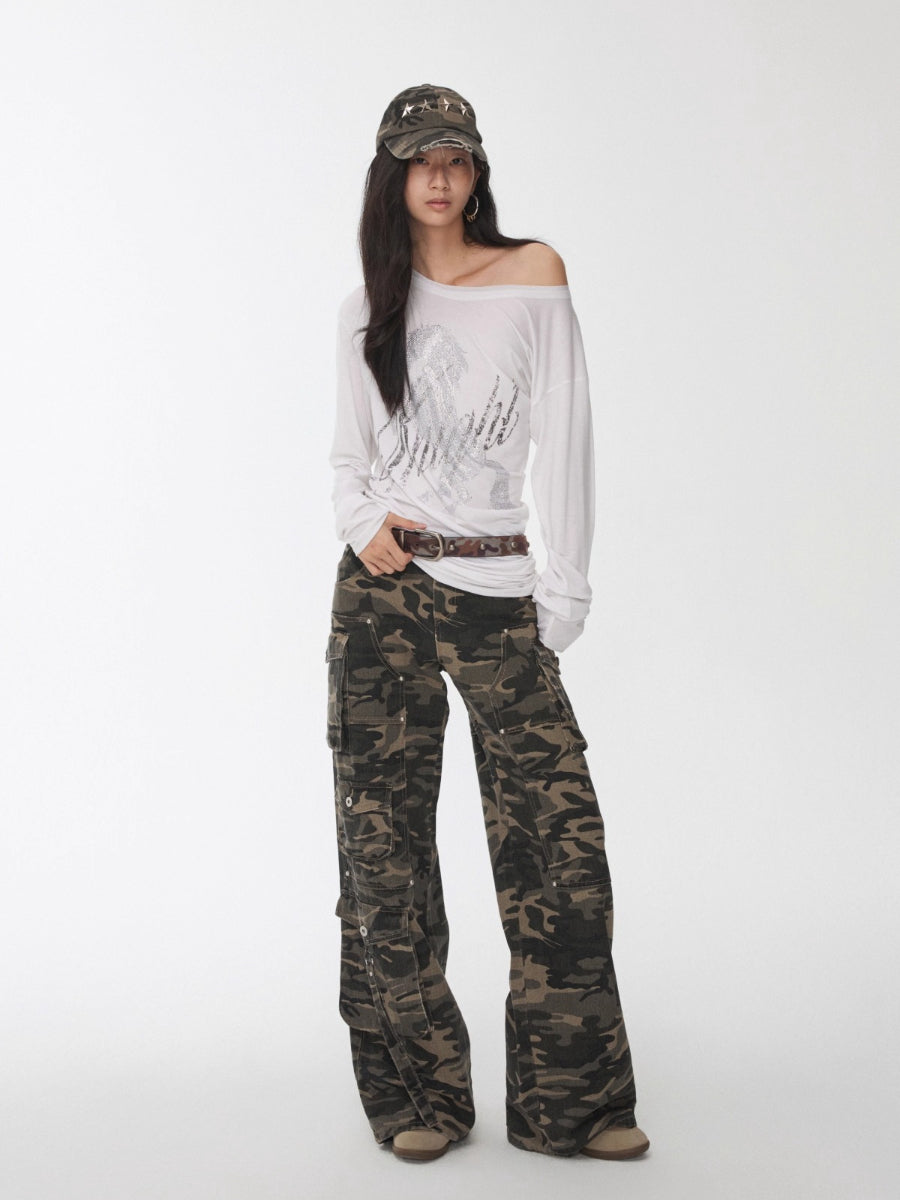 Rhinestone Embellished Asymmetric Drape T-shirt