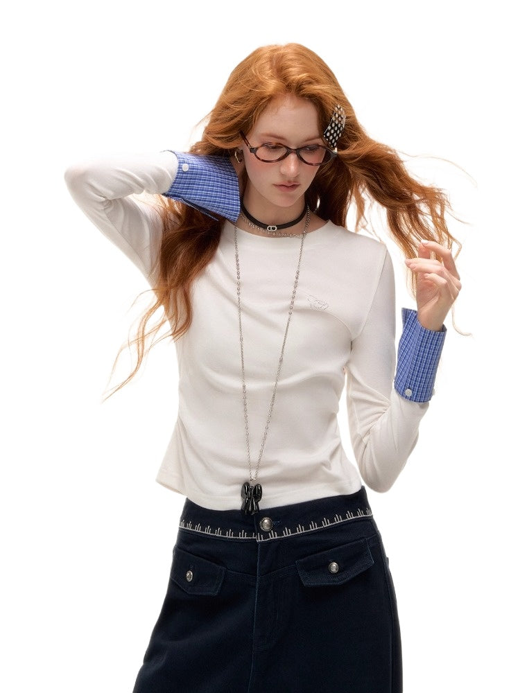 Plaid Patchwork Long-Sleeve T-shirt