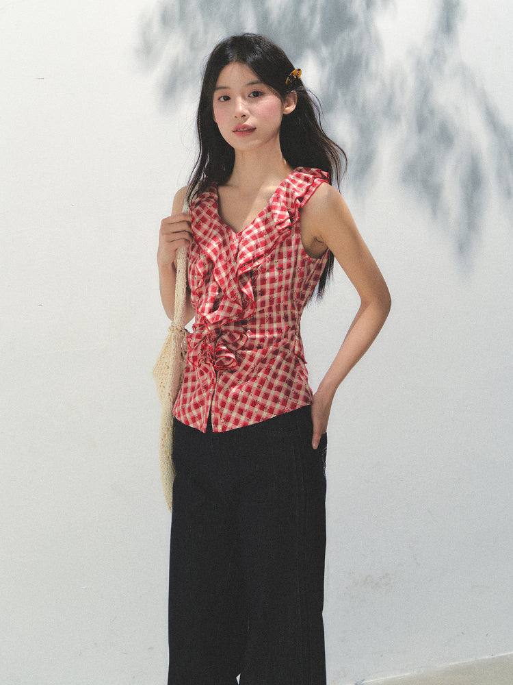 Sleeveless Checkered Top Vest