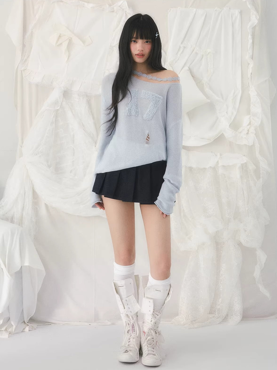Number Printed Jacquard Off-Shoulder Top