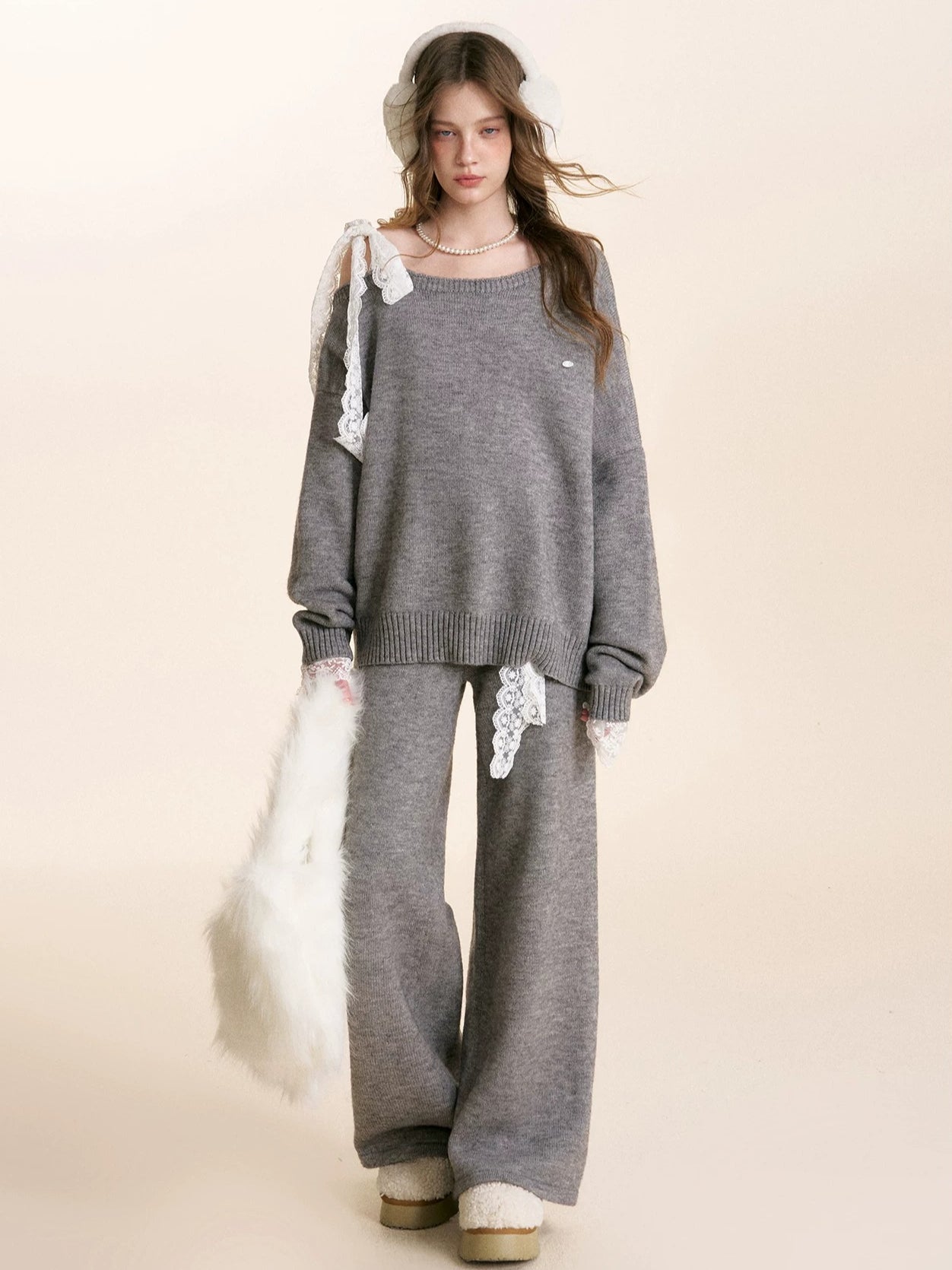 Gray & Apricot Lace-Tie Knit Set