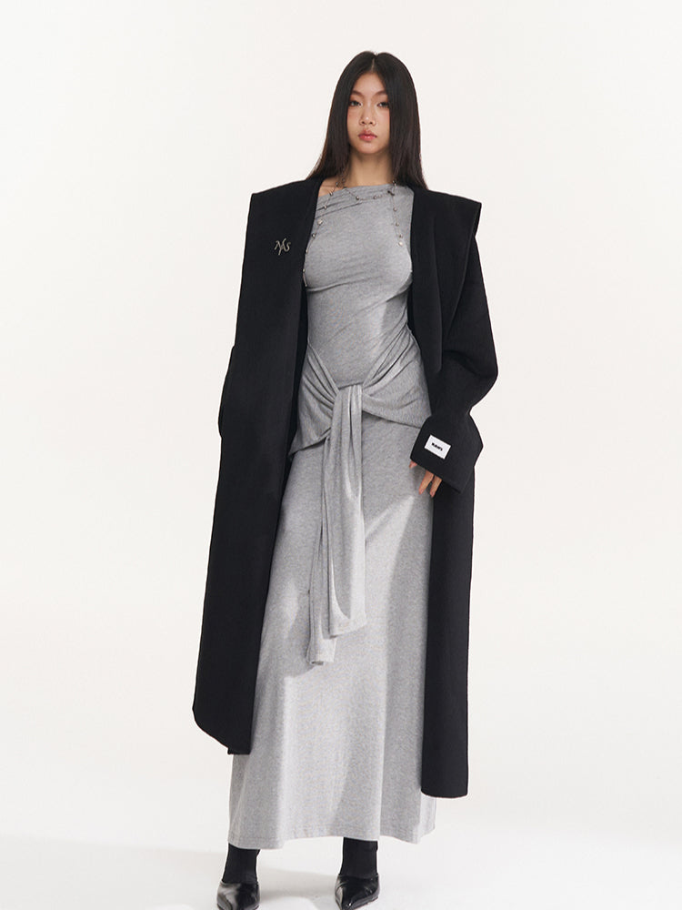 Black & Gray Asymmetric Tie-Waist Slim Dress