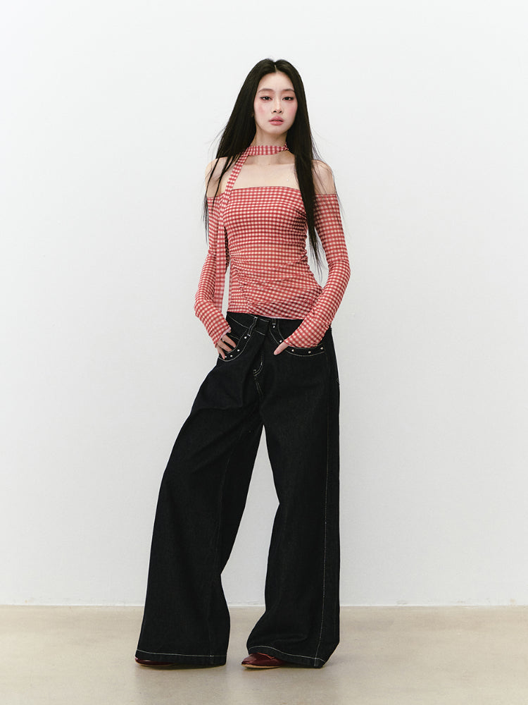 Plaid Mesh Ribbon Sunshade Long Sleeve T-shirt