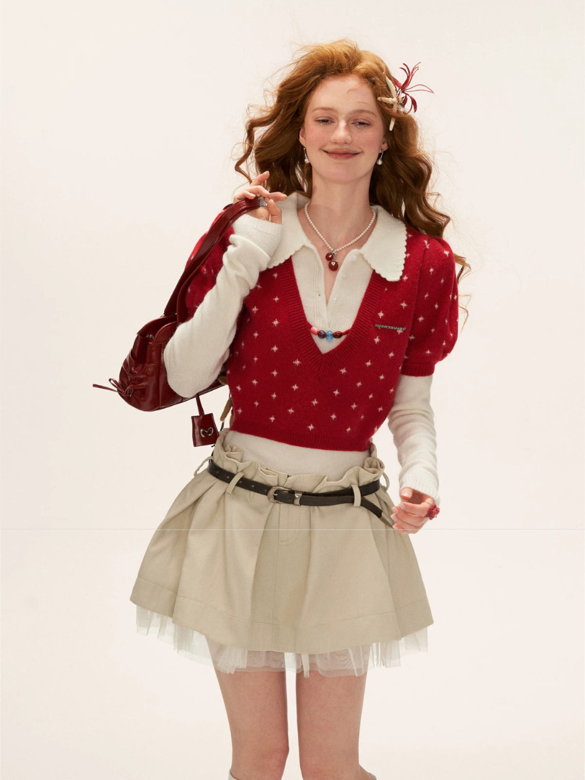 Crochet V-Neck Puff Sleeve Knit