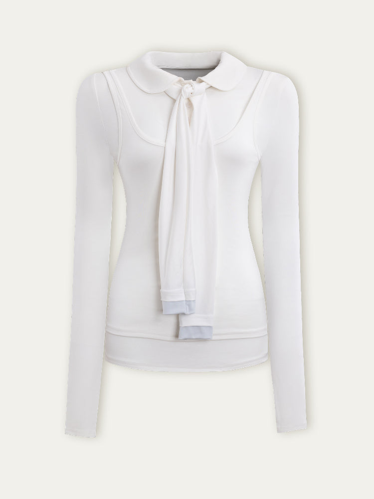 White & Blue Collared Knit Top & Skirt Set