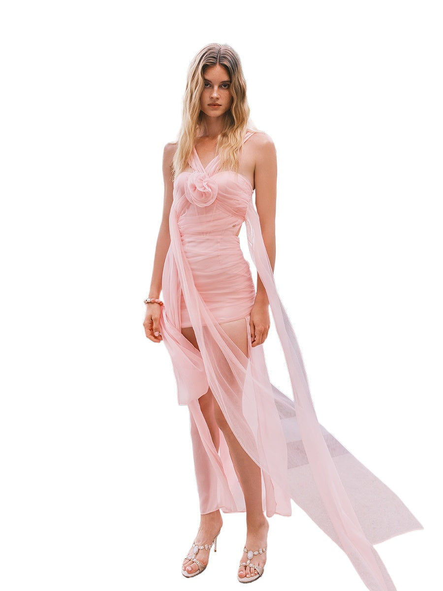 Chiffon Floral-print Halter Neck Backless Irregular Dress