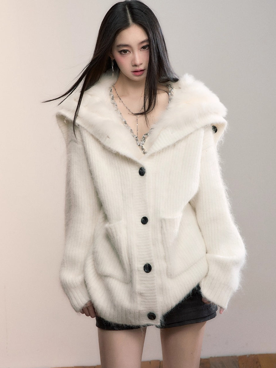 Fox Fur Large Notch Collar Cardigan
