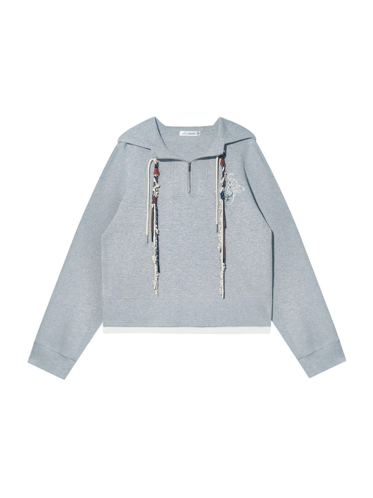 Fake Two-Piece Flower Embroidery Hat Cord Pullover Hoodie