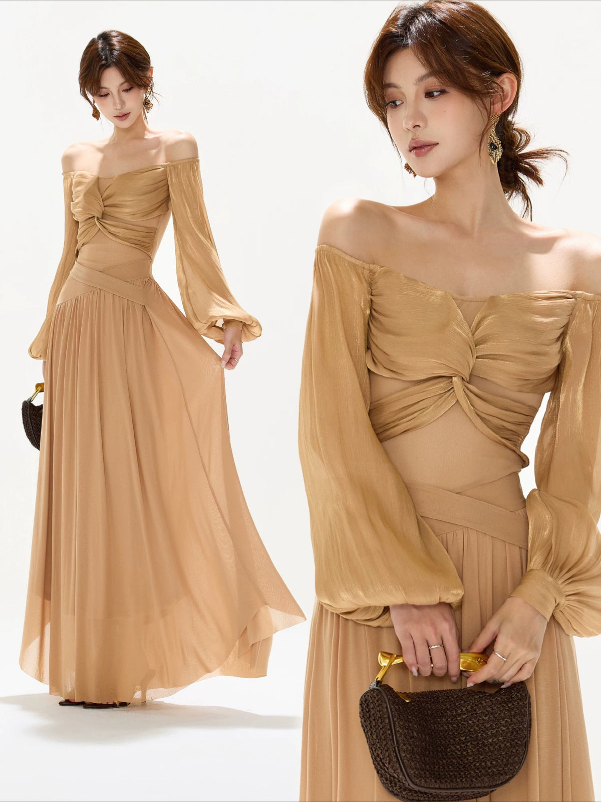 Brown Off Shoulder Butterfly Knot Maxi Dress