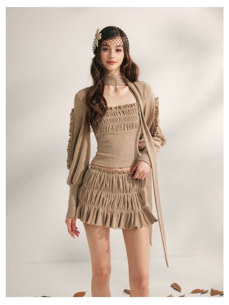 Pleated Ruffle Knit Top & Skirt Set