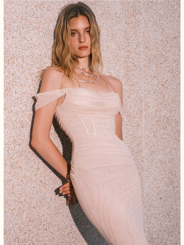 One-shoulder Pleated and Gradient-dyed Dress