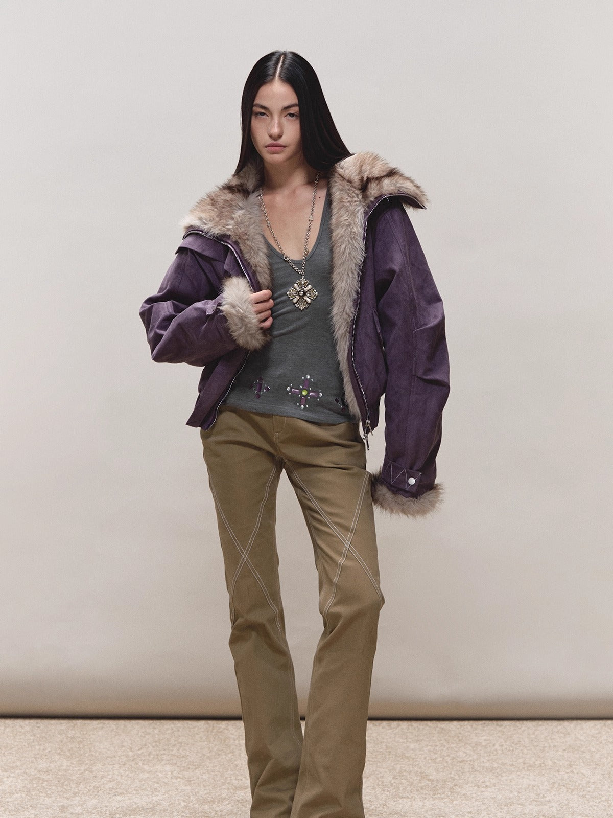 Faux-Suede Fur-Collar Quilted Parka