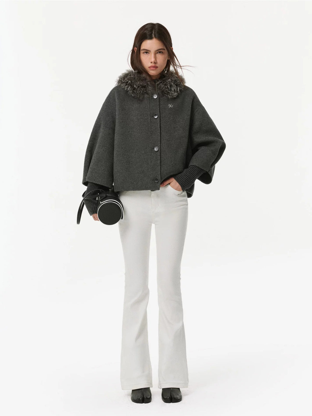 Shearling Collar Wool Cashmere Cape Coat