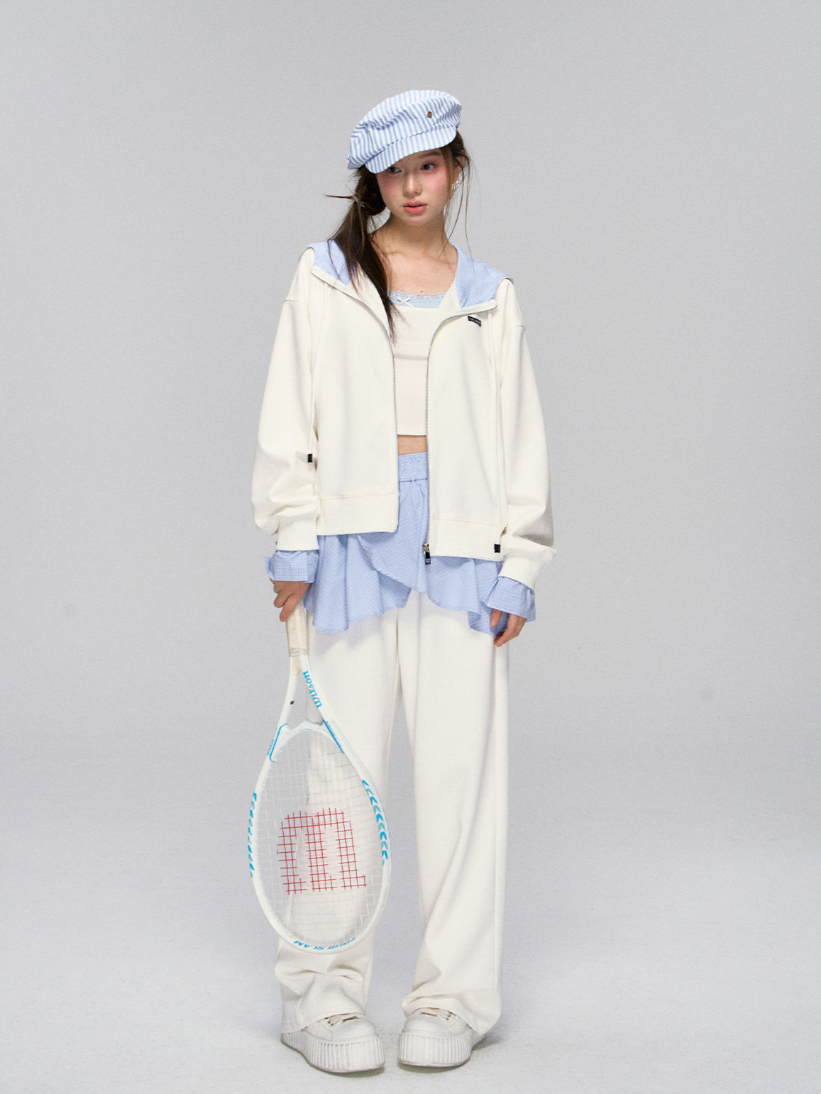 White Plaid Panel Hoodie & Pants Set