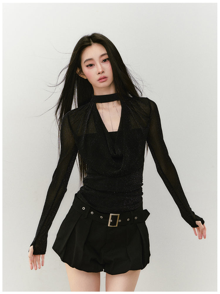 Chain Halter Draped Neck Fitted T-shirt