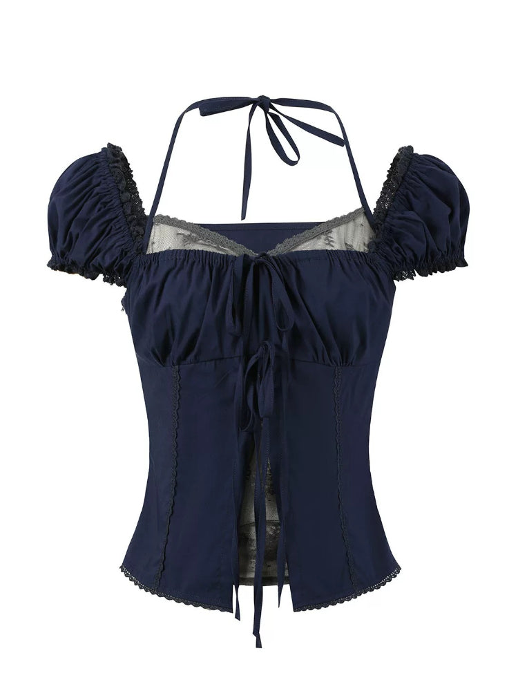 Layered Lace Bow Puff Top