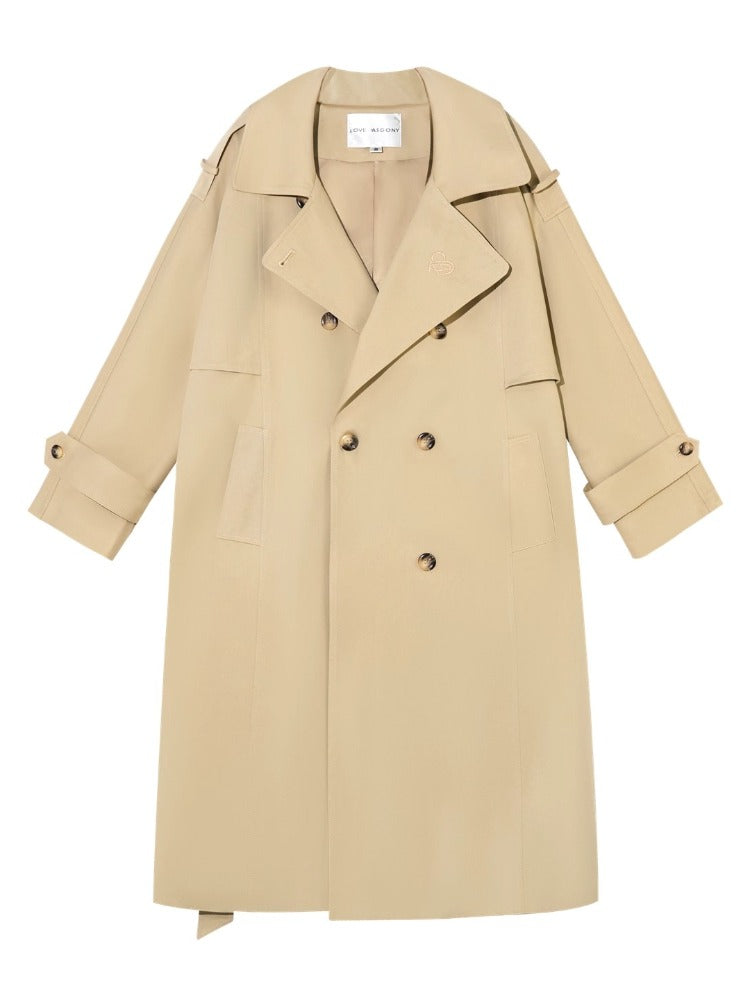 Khaki Embroidered Collar Khaki Long Trench Coat