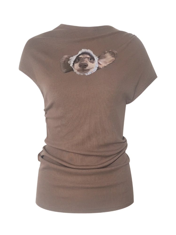 Elastic Pleated Crew Neck T-shirt