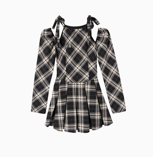 Black Plaid A-line Halter Mini Dress