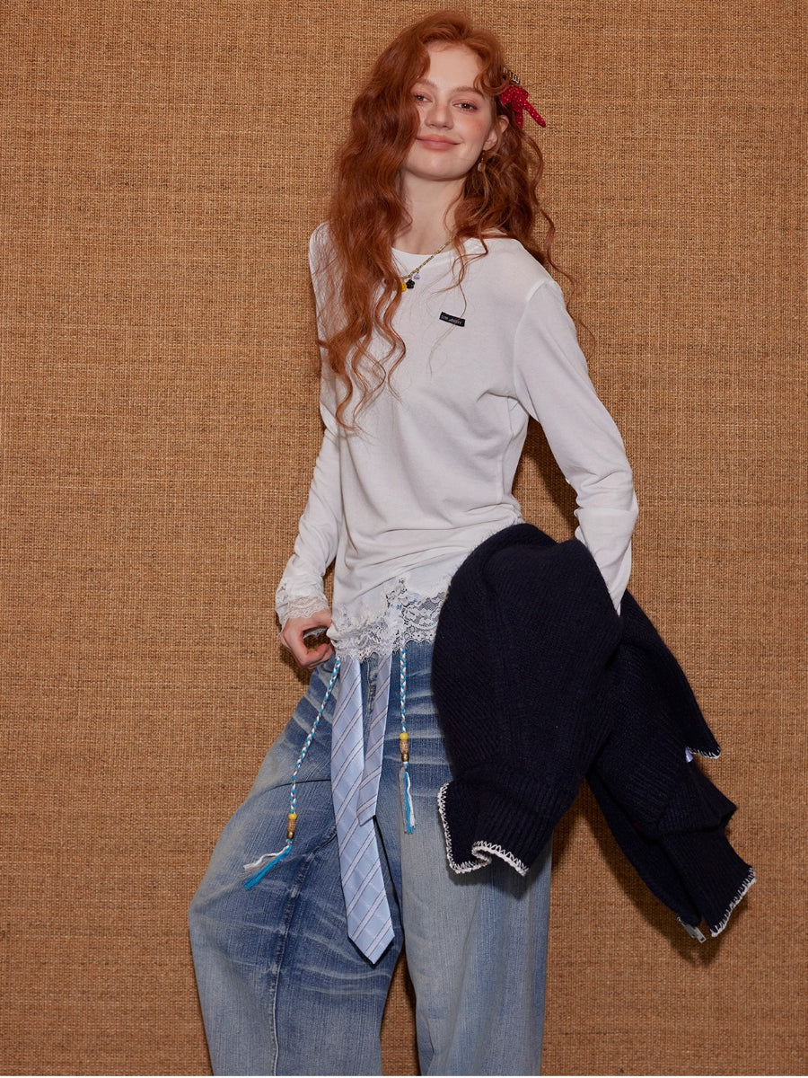 Lace Panel Long-Sleeve Top