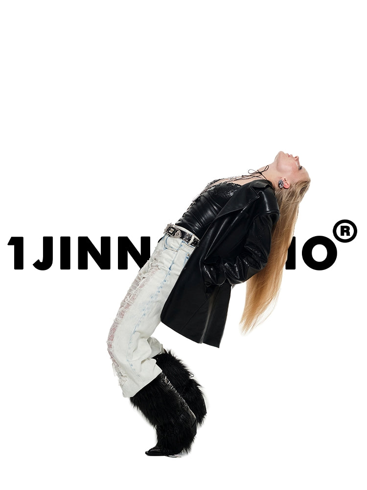 Blue & Black Ripped Lace Denim Jeans