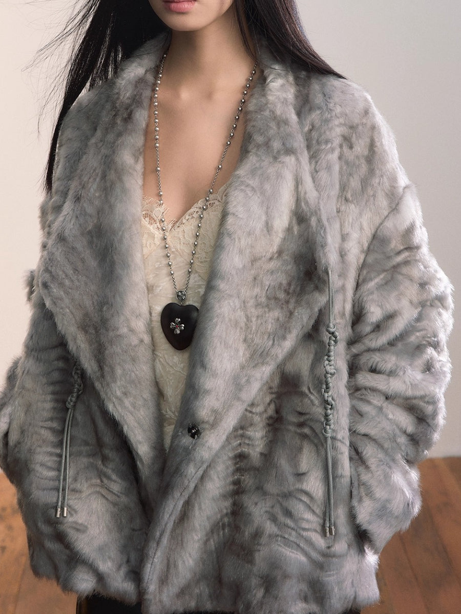 Textured Custom Large Notch Collar Faux Fur Coat