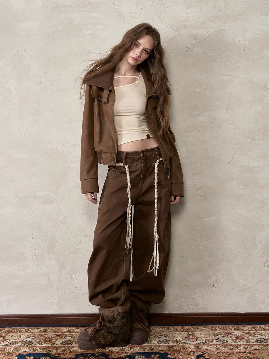 Brown Double-Waistband Straight Pants