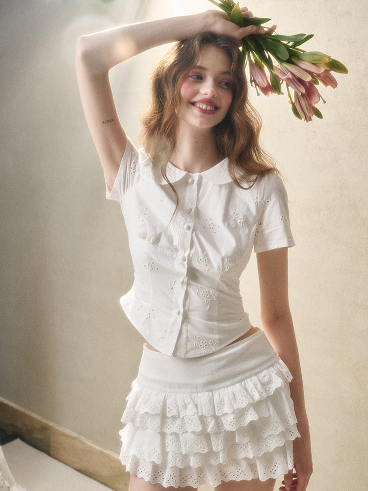 Embroidered Lace Waist Shirt & Skirt Set