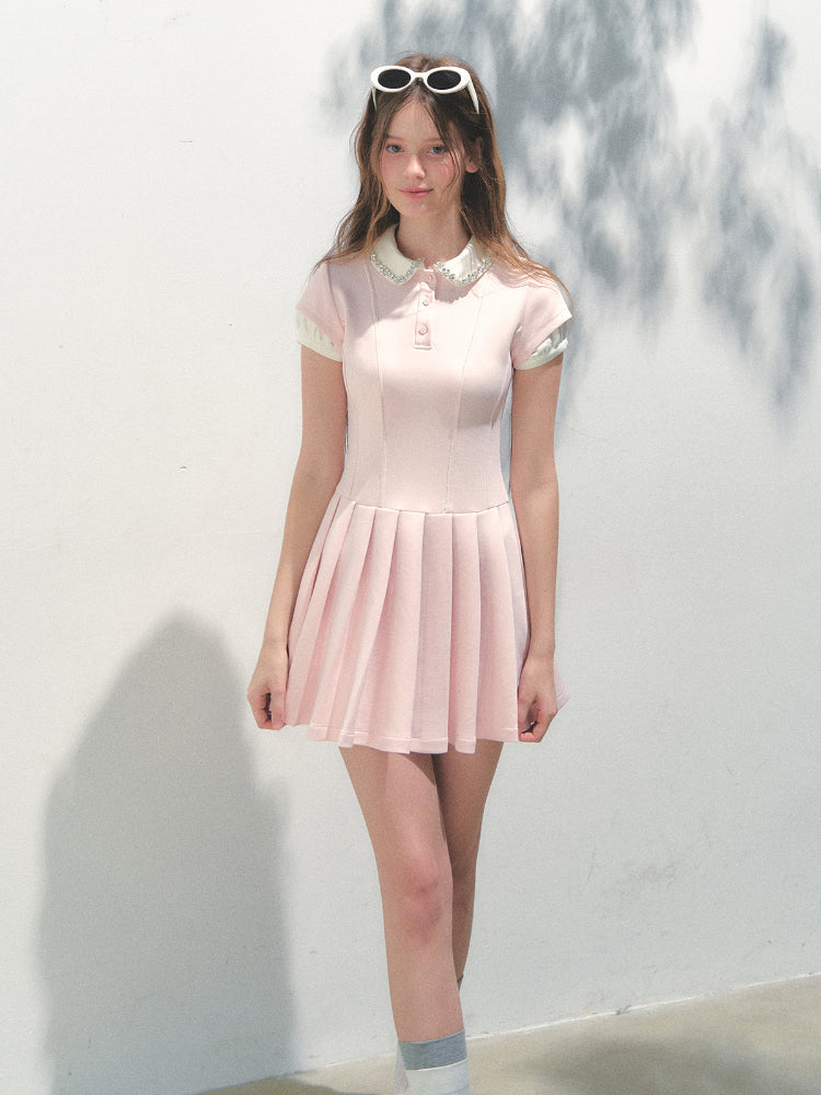 Polo Collar Rhinestone Pleated Dress