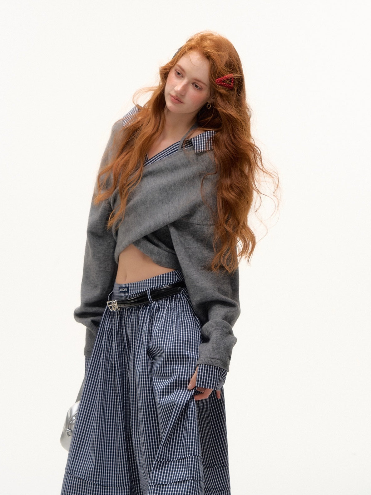 Off-Shoulder Plaid Panel Cross Sweater