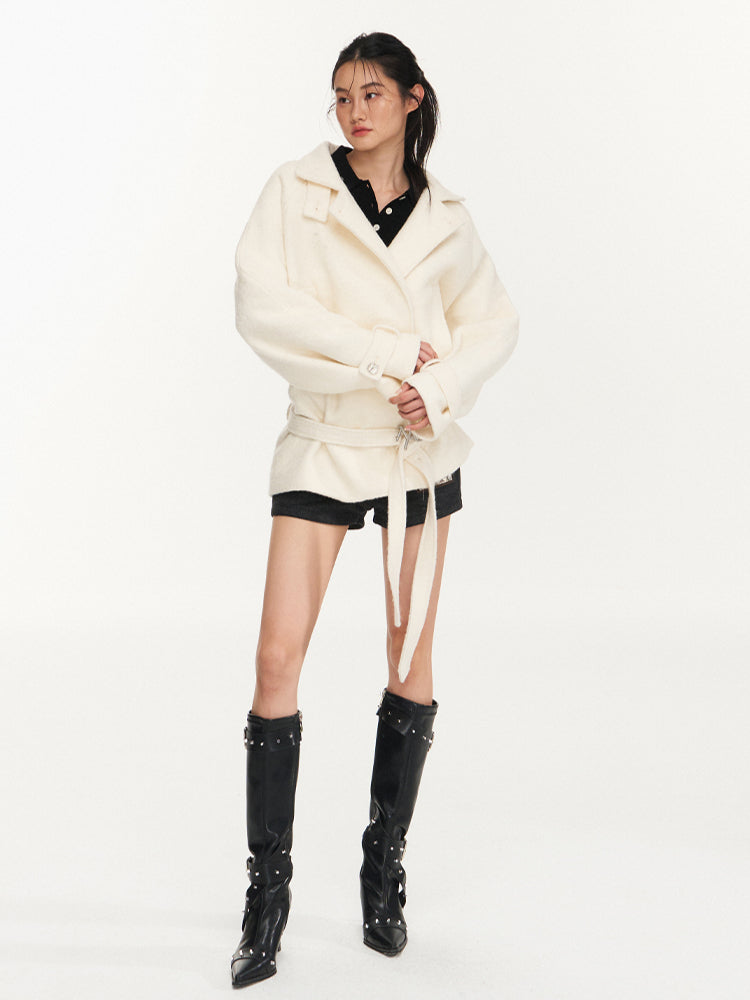 Cream & Black Wool Blend Loose Lapel Jacket