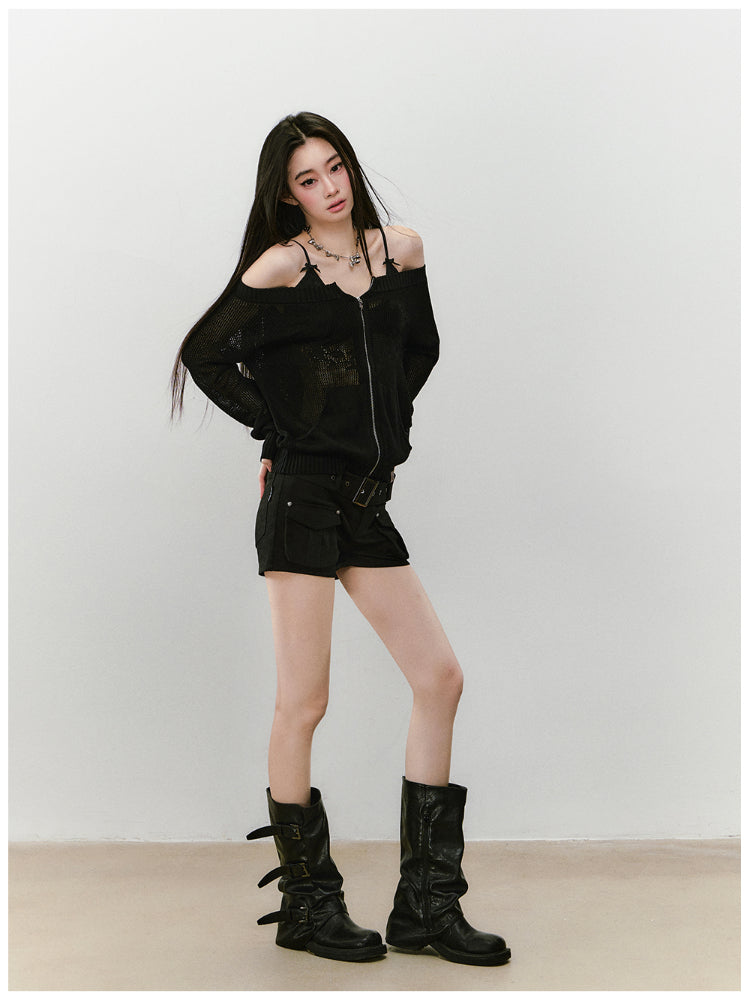 Knitted Floral Convertible Hollow-out Coat