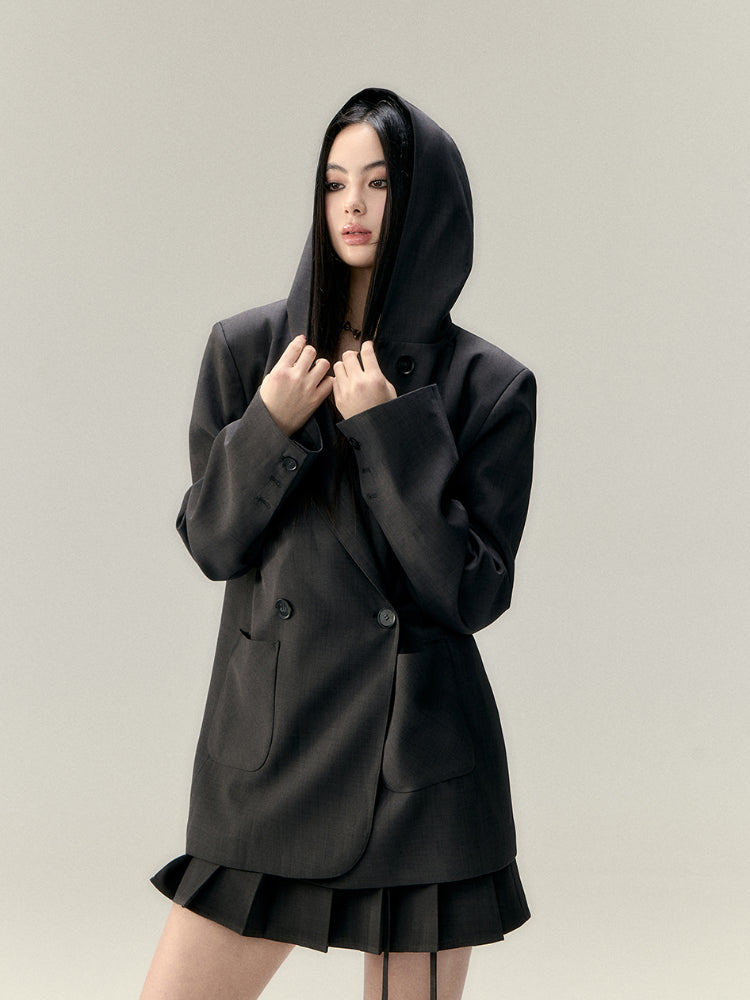 Hooded Waist Cinching Double-Breasted Blazer